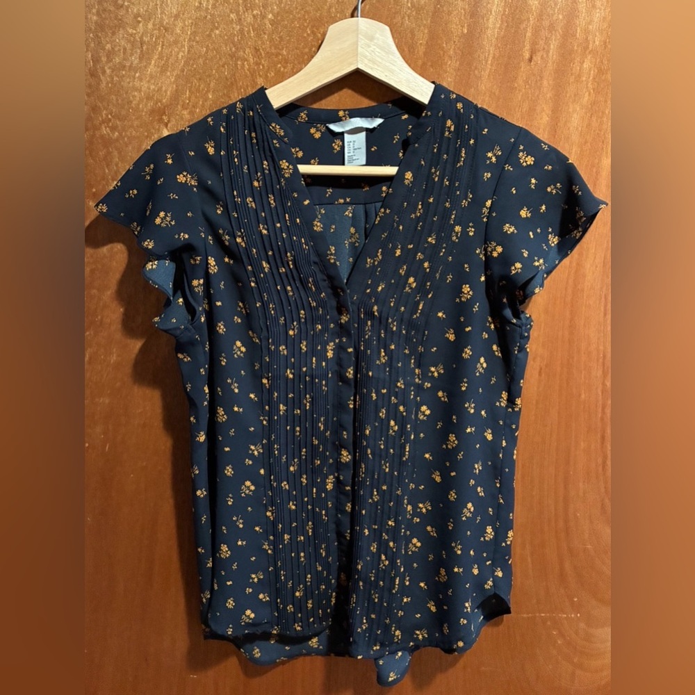 H&M Navy Blouse with Gold Floral Pintucks